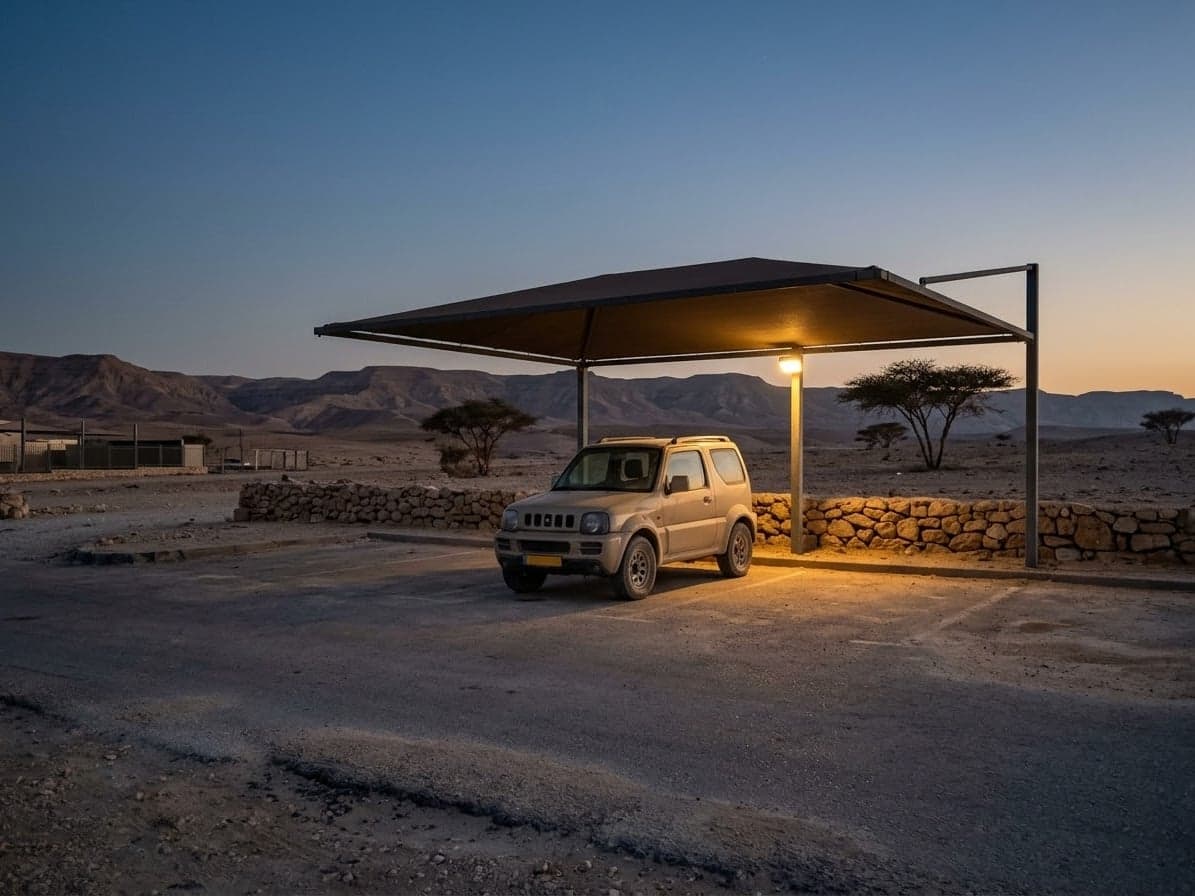 רכב תחת סככת צל בחניה פתוחה בקצה יישוב במדבר, בדמדומים